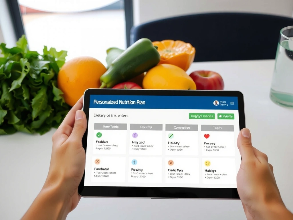 A person's hand holding a tablet displaying a personalized nutrition plan, with fresh fruits and vegetables in the background.
