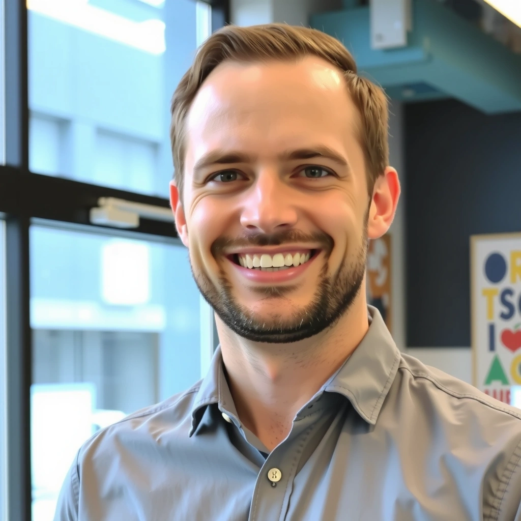Portrait of a smiling male nutrition coach, looking approachable and knowledgeable, in a modern setting.
