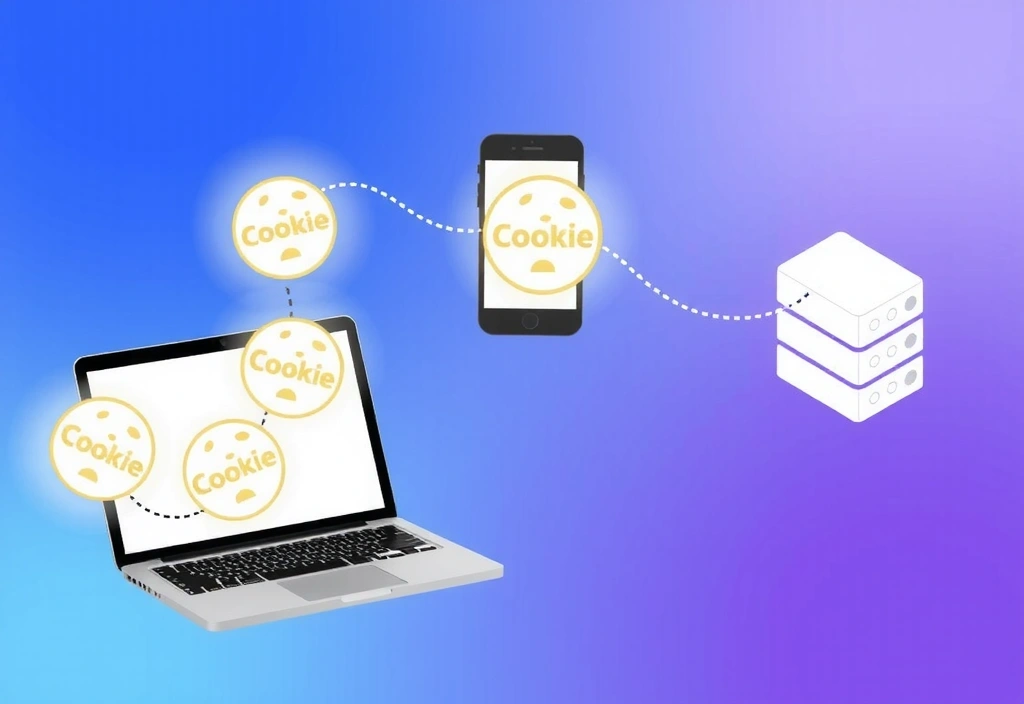 Digital cookies represented as small data packets flowing between devices