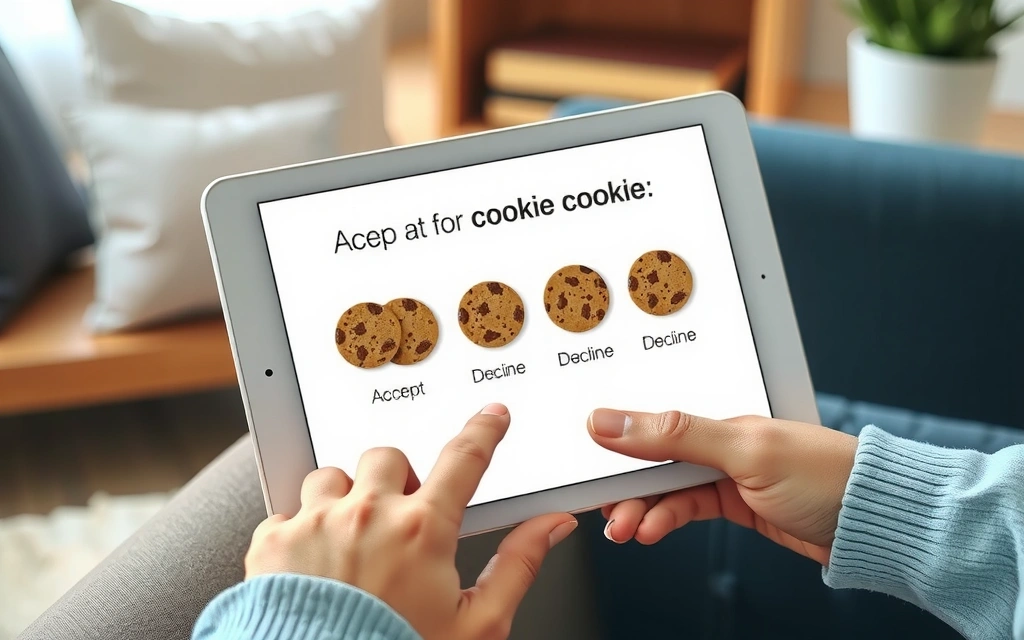 Person making a choice on a tablet with cookie icons