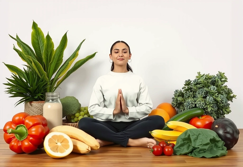 Person meditating with healthy food nearby