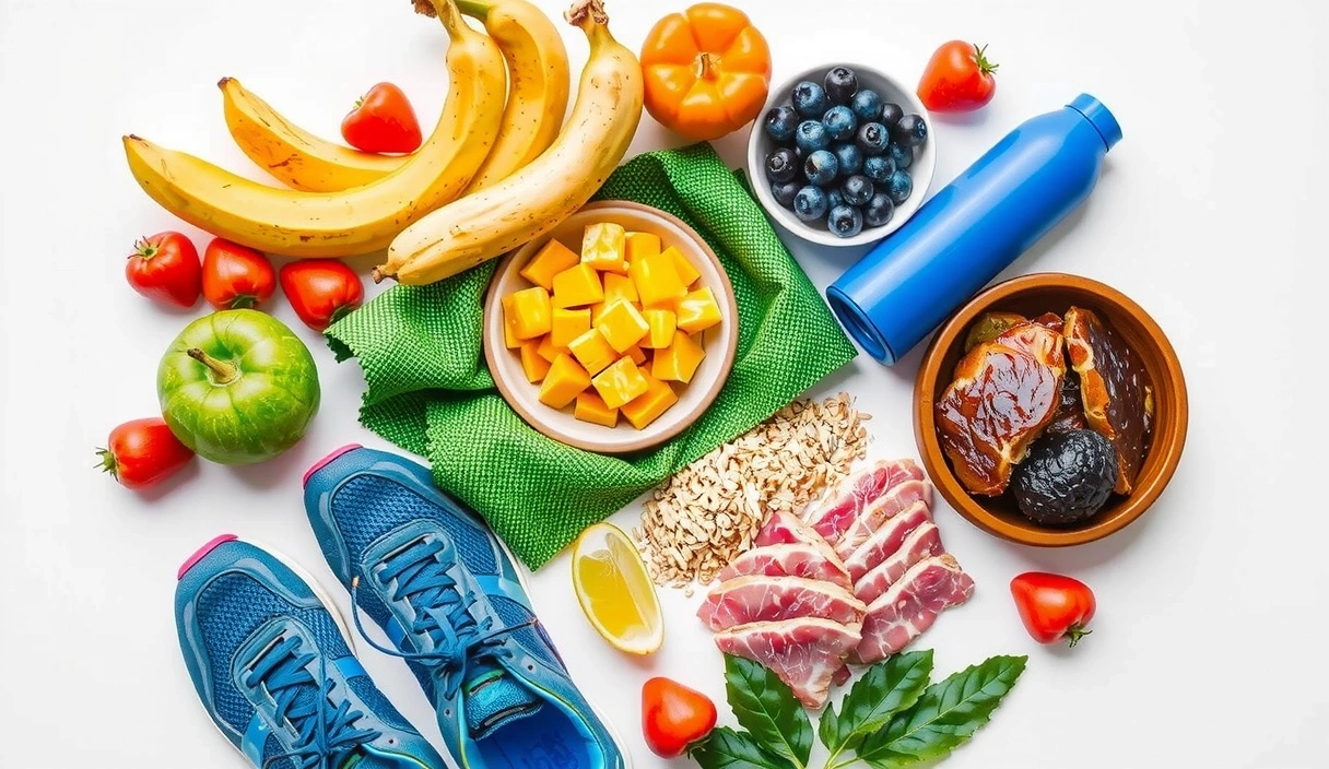 A vibrant collage of healthy foods like fresh fruits, vegetables, grains, and active lifestyle elements such as running shoes, a yoga mat, and water bottles, arranged harmoniously to represent comprehensive wellness.