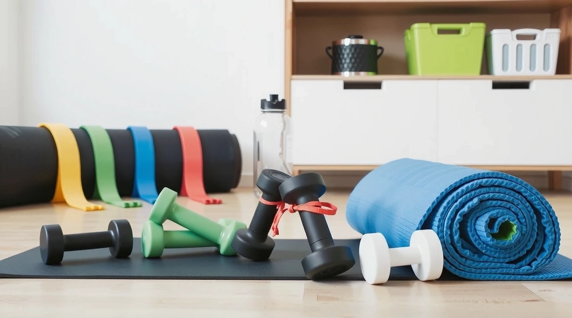 Various resistance bands and small weights neatly arranged, signifying home workout equipment.