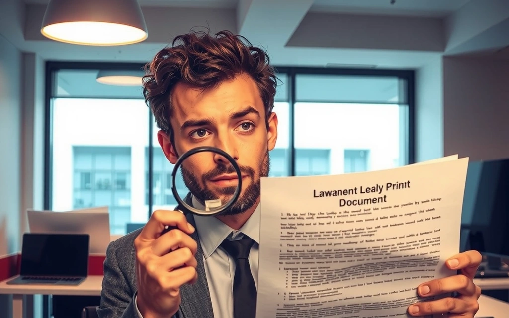Person reading a legal document with a magnifying glass, symbolizing careful review of terms.