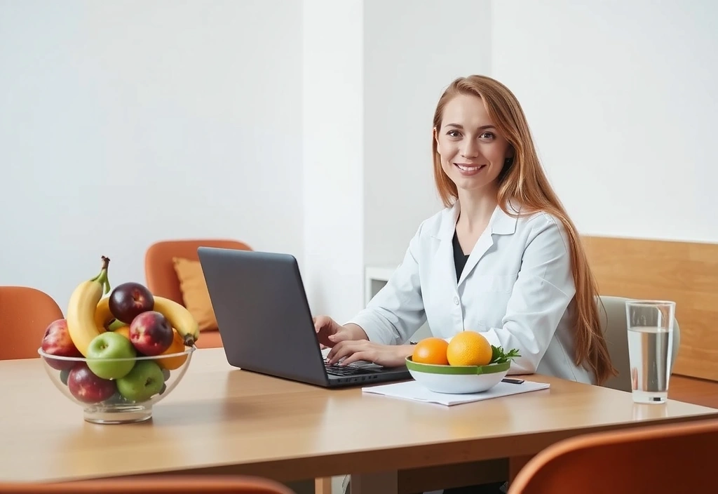 Nutrionist preparing for online consultation with a laptop and healthy food on the desk